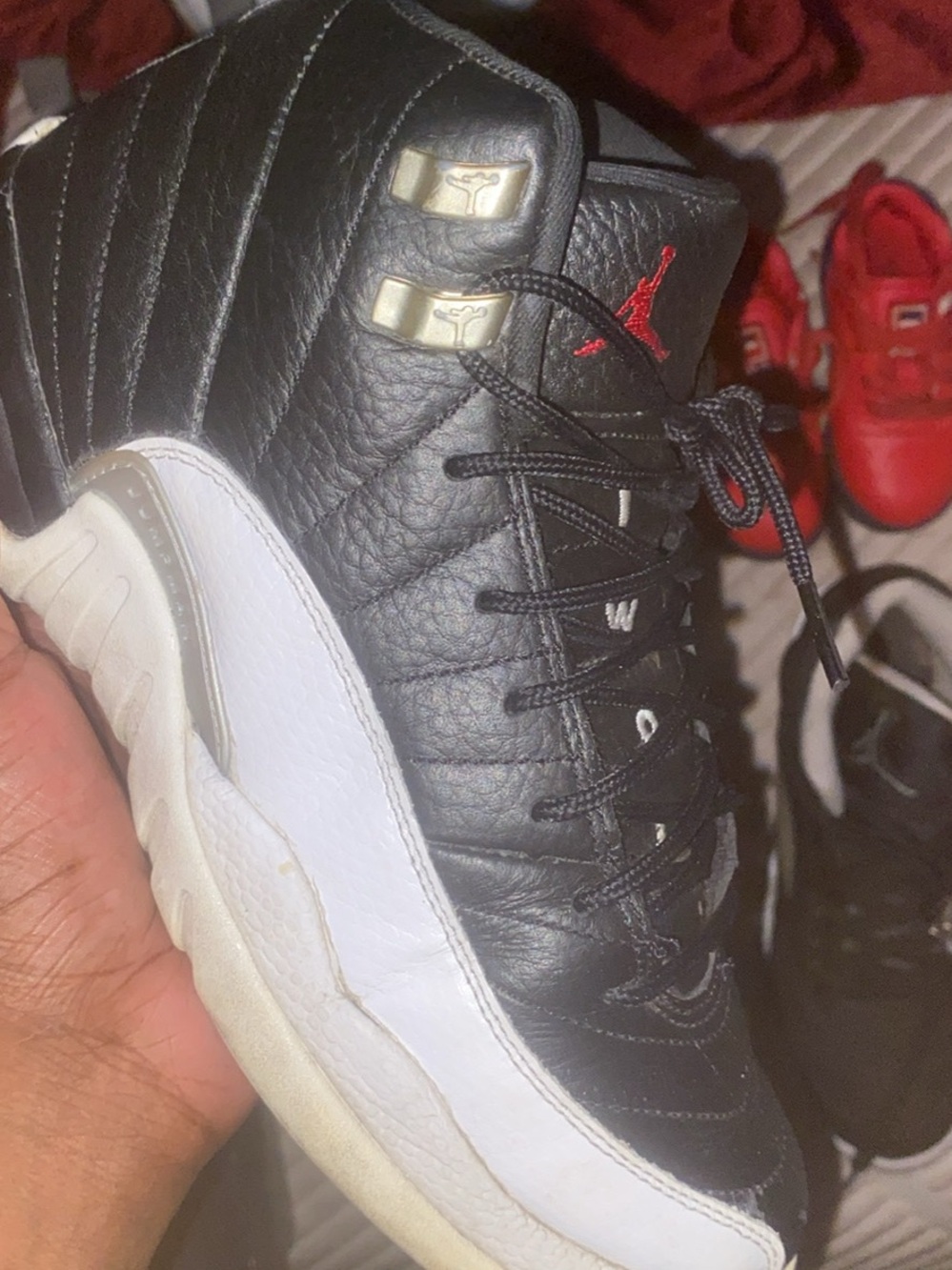 Jordan Men’s Black White Sneakers with Red Jumpman Accent Jordan 12s playoffs